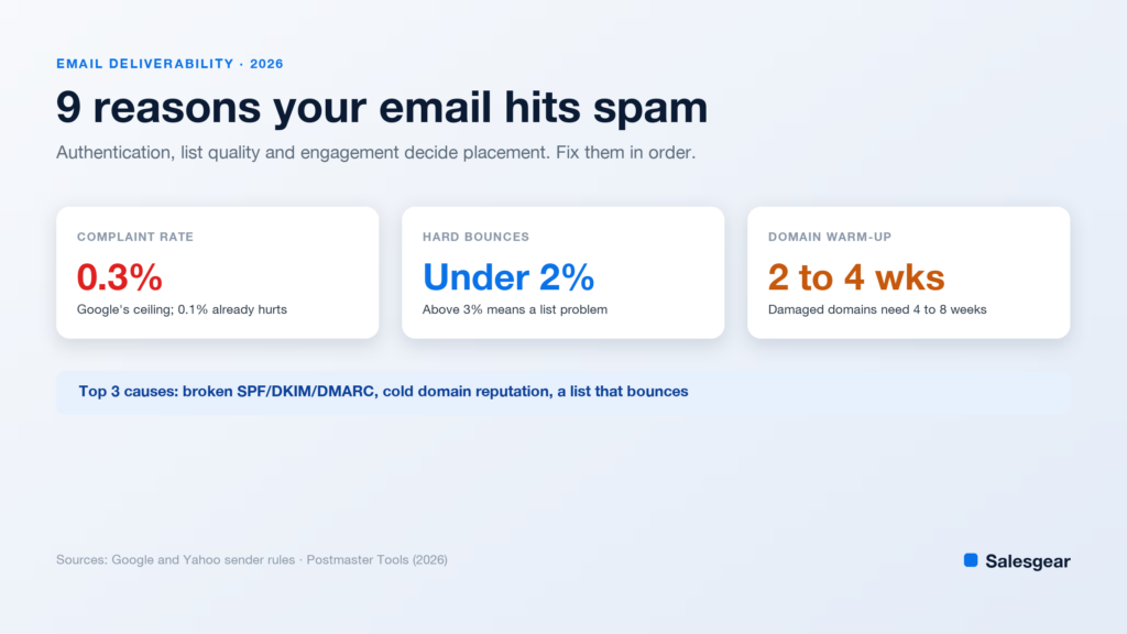 Cover card listing the key spam-placement thresholds: a 0.3 percent complaint ceiling, hard bounces under 2 percent, and a 2 to 4 week domain warm-up.
