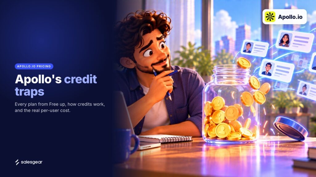 Illustrated cover: Apollo's credit traps. Every plan from Free up, how credits work, and the real per-user cost.