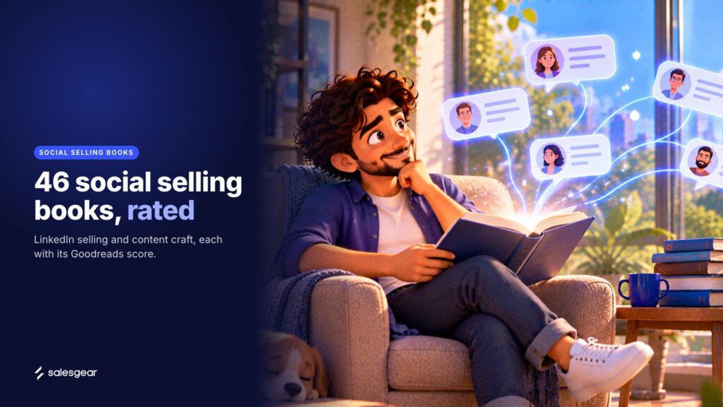 Illustrated cover: 46 social selling books, rated. LinkedIn selling and content craft, each with its Goodreads score.