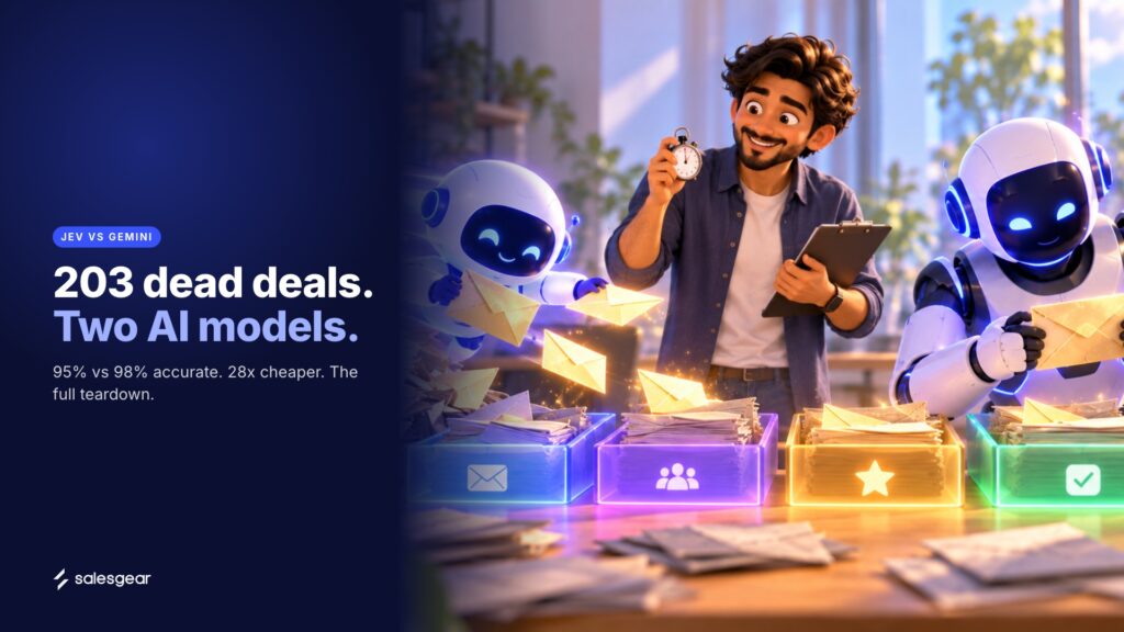 Illustrated sales rep holding a stopwatch and clipboard while two AI robots race to sort envelopes into four glowing trays, with the headline 203 dead deals, two AI models.