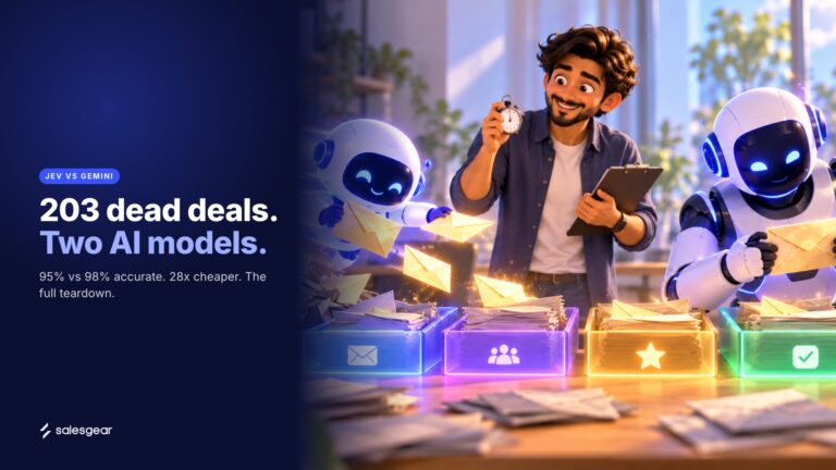 Illustrated sales rep holding a stopwatch and clipboard while two AI robots race to sort envelopes into four glowing trays, with the headline 203 dead deals, two AI models.