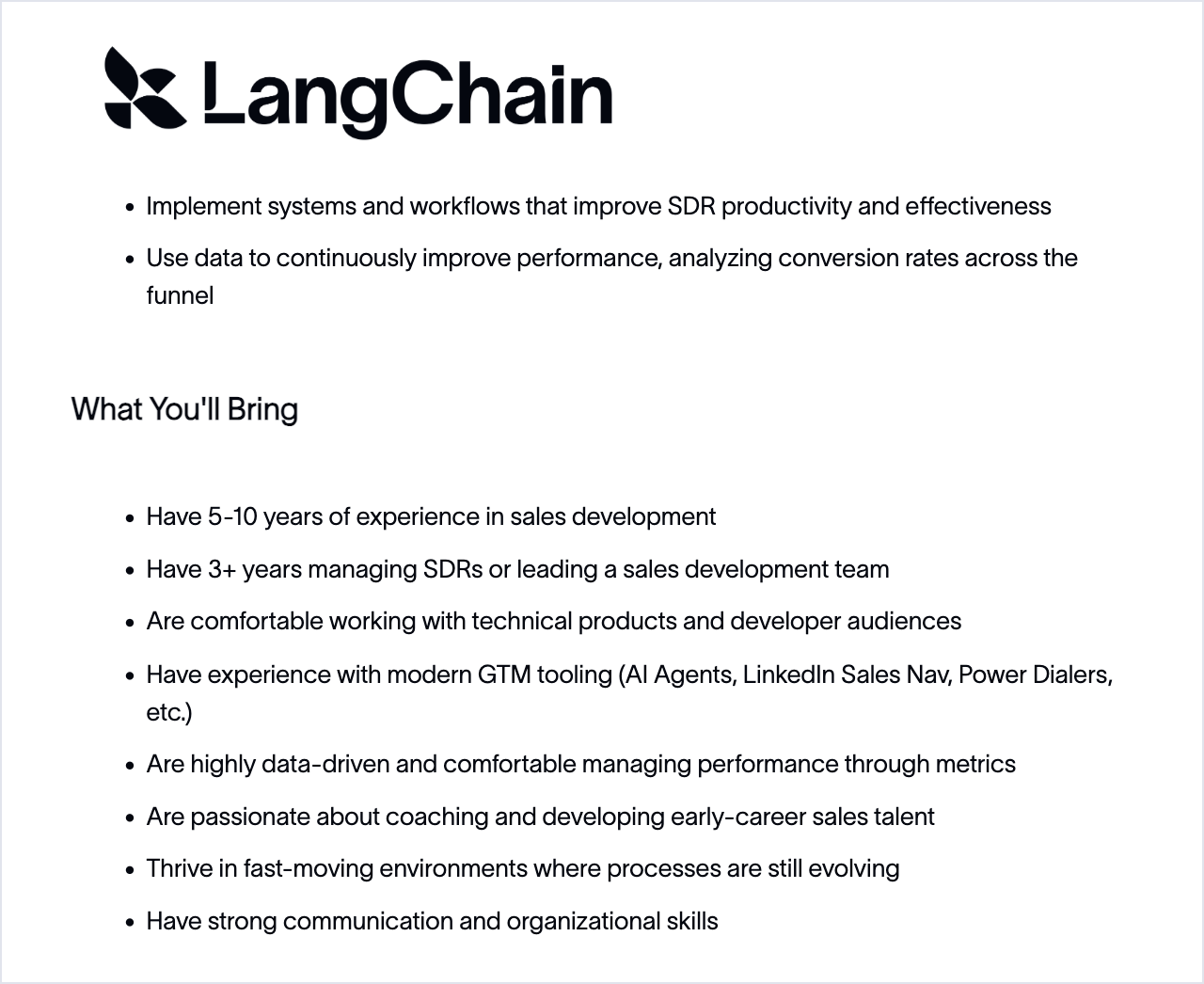 LangChain's Sales Development Director job listing asking for experience with modern GTM tooling including AI agents, LinkedIn Sales Navigator and power dialers.