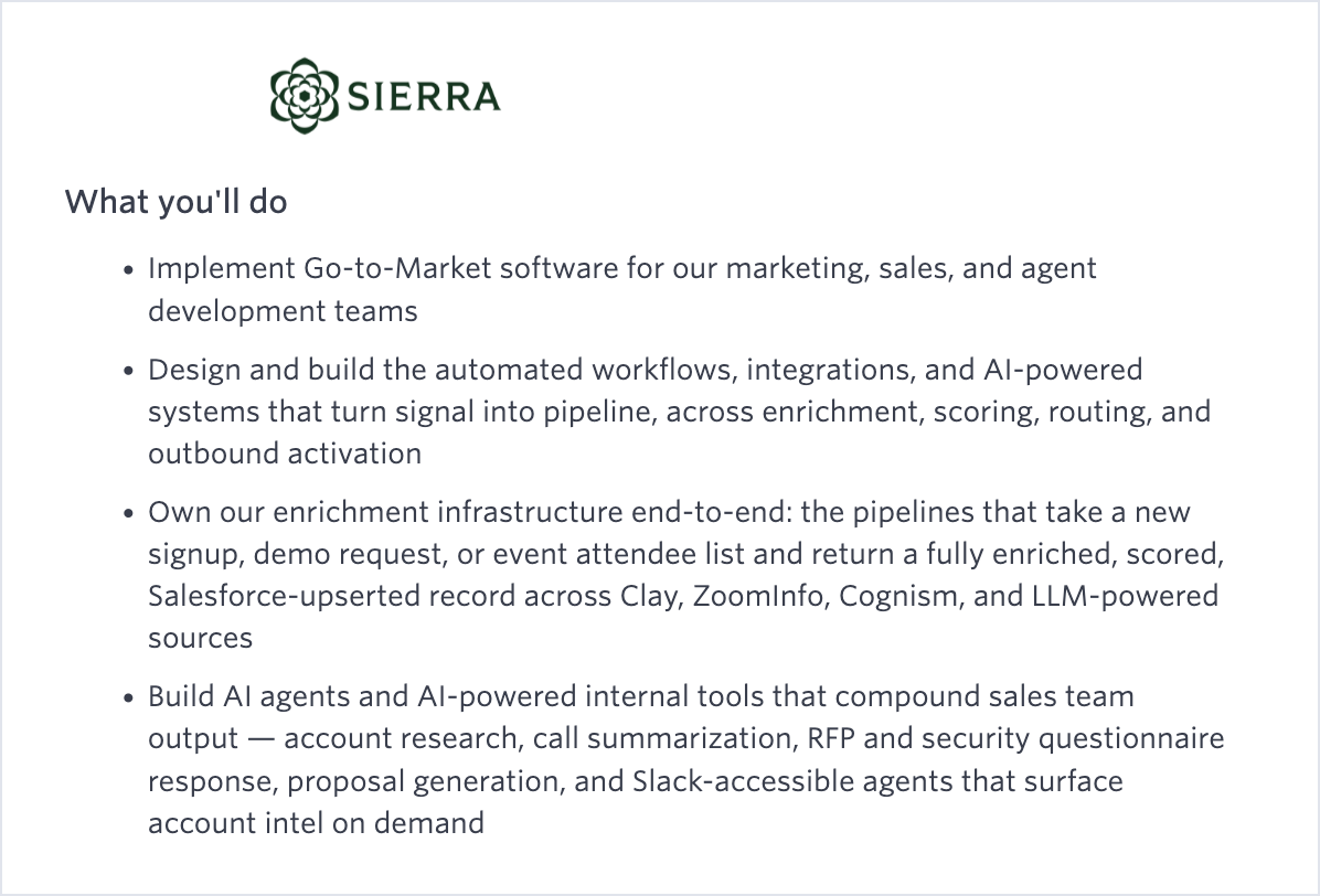 Sierra's GTM Engineer job listing asking the hire to build AI agents and AI-powered tools that compound sales team output, from account research to enrichment and outbound activation.