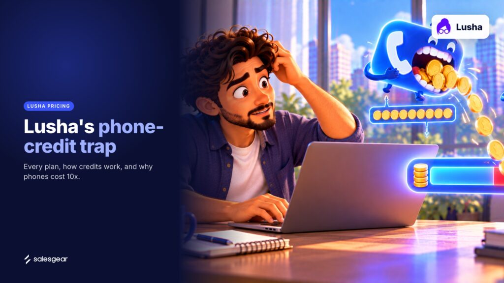 Illustrated cover: Lusha's phone-credit trap. Every plan, how credits work, and why phones cost 10x.