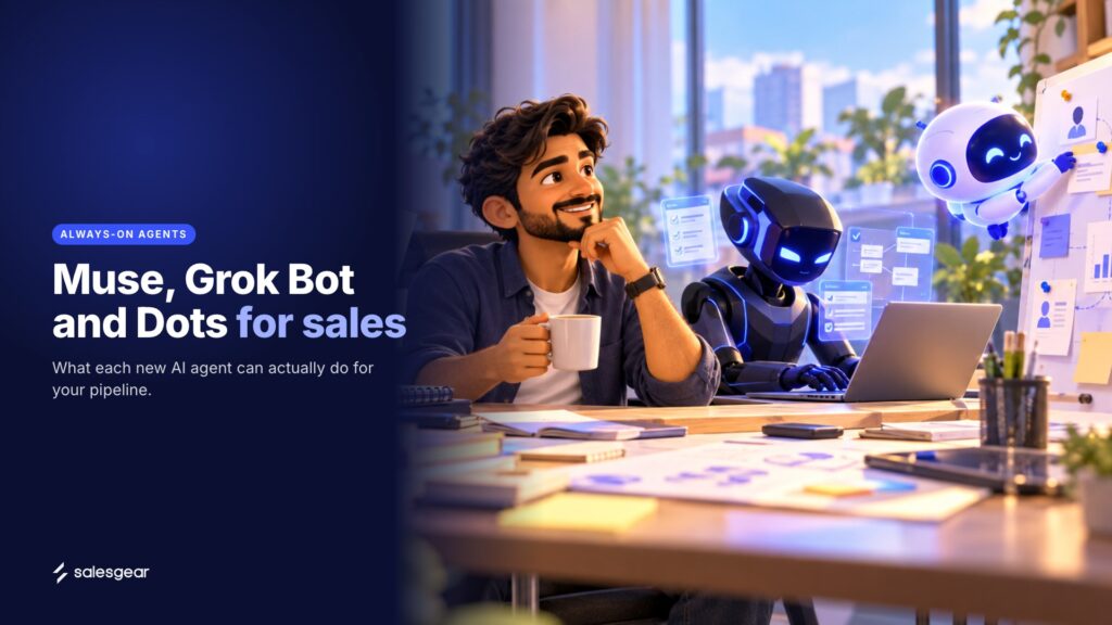 Illustration of a seller with coffee reviewing work from three different AI agents, with the title Muse, Grok Bot and Dots for sales.
