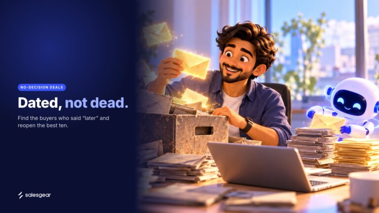 Illustrated sales rep pulling glowing envelopes out of a dusty archive box while a friendly AI helper sorts the pile, with the headline Dated, not dead.