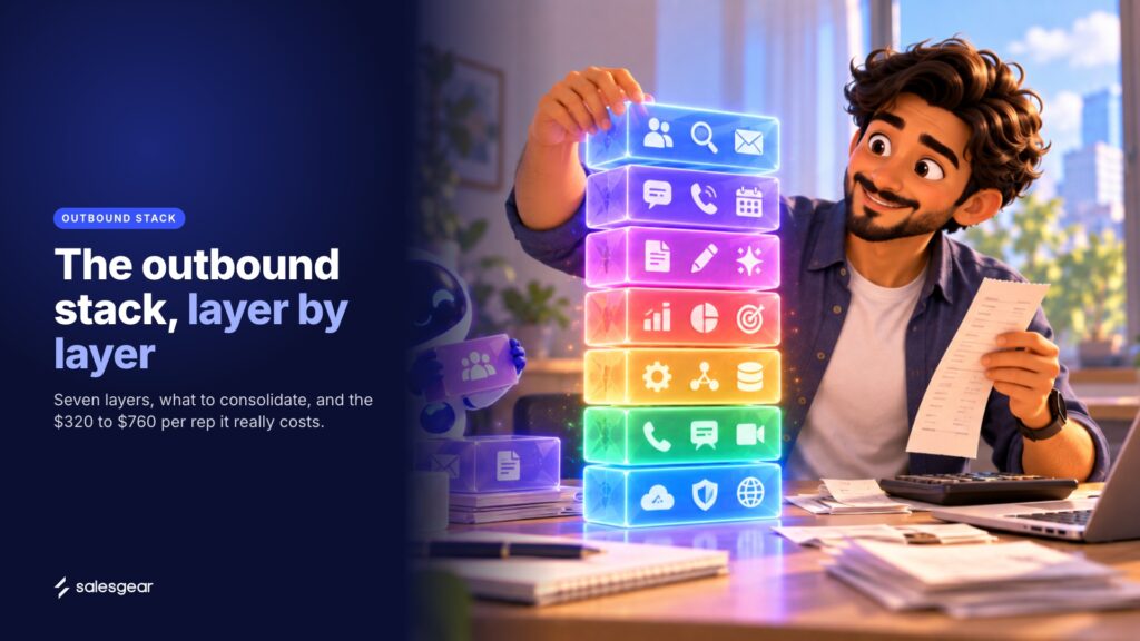 Illustrated cover: The outbound stack, layer by layer. Seven layers, what to consolidate, and the $320 to $760 per rep it really costs.