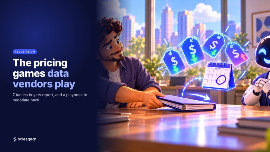 Illustrated cover: The pricing games data vendors play. 7 tactics buyers report, and a playbook to negotiate back.