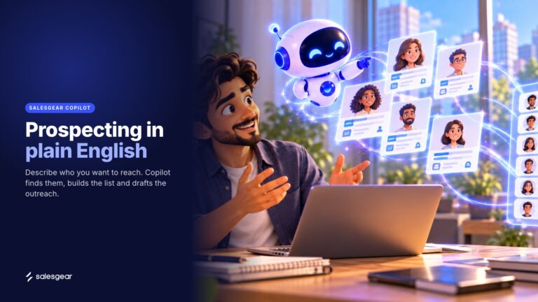 Illustrated cover: Prospecting in plain English. Describe who you want to reach. Copilot finds them, builds the list and drafts the outreach.