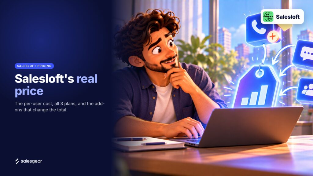 Illustrated cover: Salesloft's real price. The per-user cost, all 3 plans, and the add-ons that change the total.