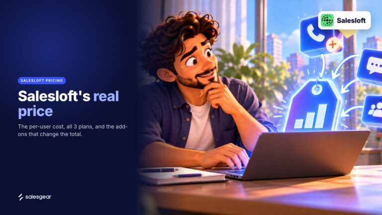 Illustrated cover: Salesloft's real price. The per-user cost, all 3 plans, and the add-ons that change the total.