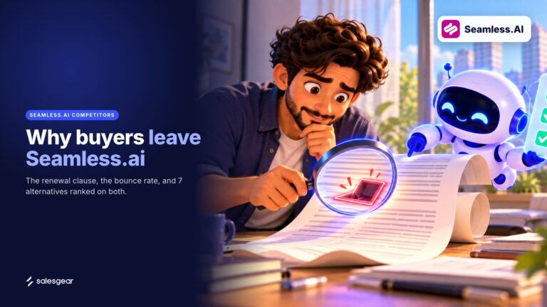 Illustrated cover: Why buyers leave Seamless.ai. The renewal clause, the bounce rate, and 7 alternatives ranked on both.