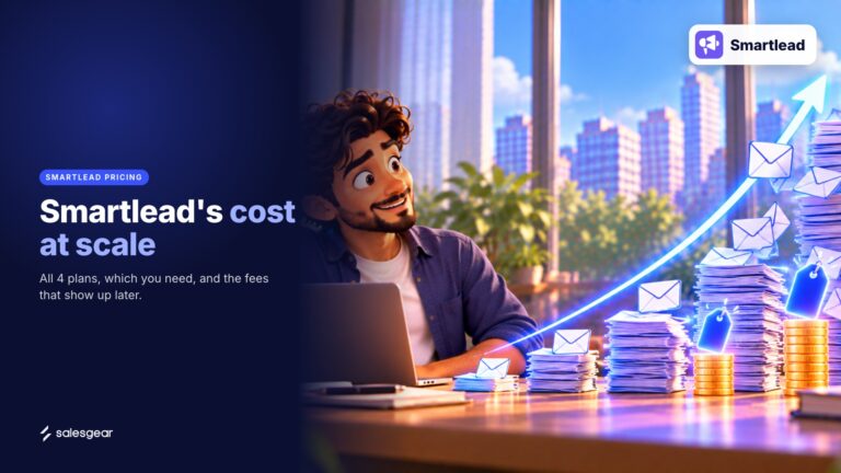 Illustrated cover: Smartlead's cost at scale. All 4 plans, which you need, and the fees that show up later.