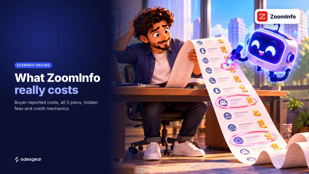 Illustrated cover: What ZoomInfo really costs. Buyer-reported costs, all 3 plans, hidden fees and credit mechanics.
